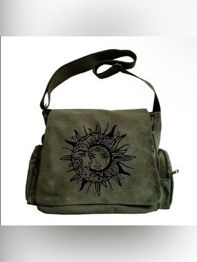 Olive Green Canvas Messenger Bag with Sun & Moon Graphic